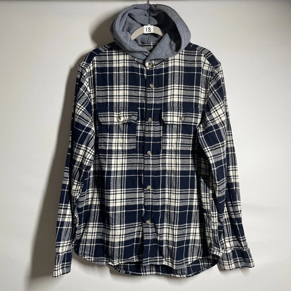 NWOT Old Navy Mens Navy Blue Long Sleeve Hooded Plaid Flannel Shirt Size Large